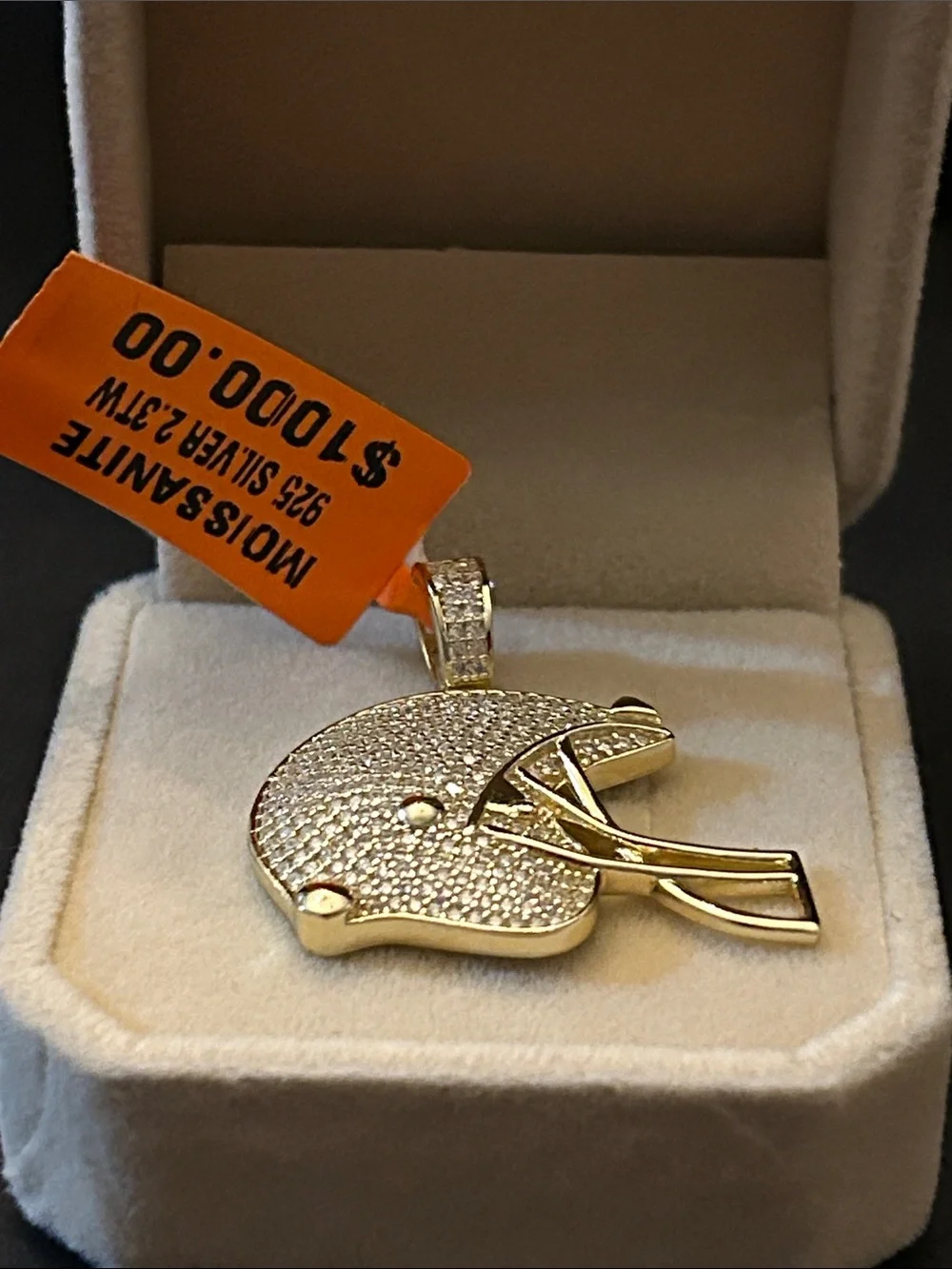 2.30CTW Pave’ Moissanite Football Helmet Pendant Necklace 14KT over 925 SSilver
